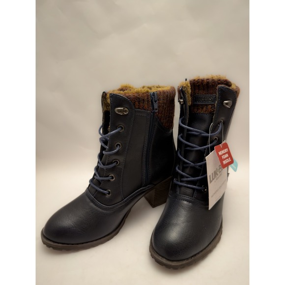 LUKEE by MUK LUKS Womens sz9 Navy Blue Knit Cuff Lace Up Ankle Boots Memory Foam - Picture 2 of 7